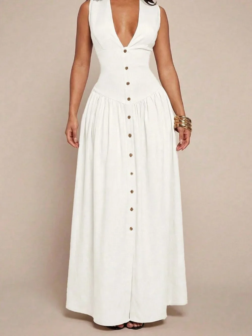 White Minimalist V-Neck Women's Linen-Blend Cinched Waist Shirt Dress - Picture 3 of 7